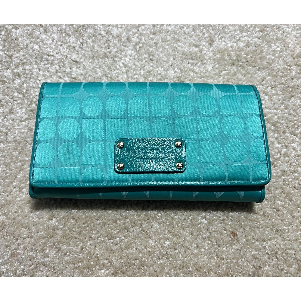 kate spade new york Teal Trifold Wallet w/Checkbook, Coin Zip & Card Slots- PICS